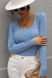 Women Square Neckline Long Sleeves Bodycon Top Button Detail Zarnesh