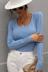Women Square Neckline Long Sleeves Bodycon Top Button Detail Zarnesh