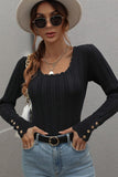 Women Square Neckline Long Sleeves Bodycon Top Button Detail Zarnesh