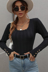 Women Square Neckline Long Sleeves Bodycon Top Button Detail Zarnesh