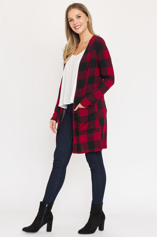 Women Long Buffalo Plaid Stripe Cardigan | Zarnesh