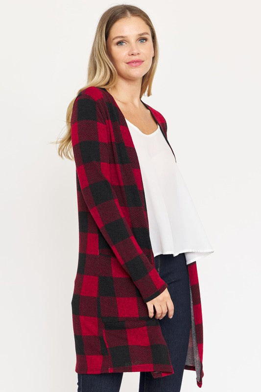 Women Long Buffalo Plaid Stripe Cardigan | Zarnesh