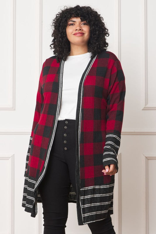 Women Plus Long Buffalo Plaid Stripe Trim Open Cardigan | Zarnesh