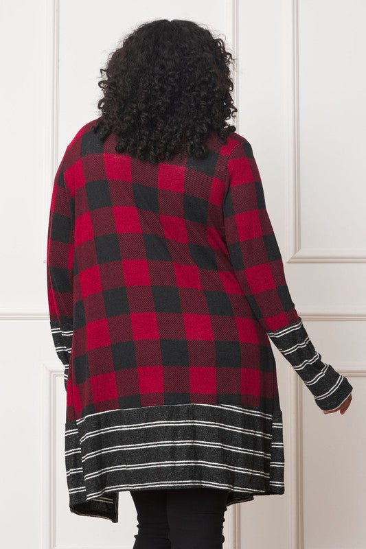 Women Plus Long Buffalo Plaid Stripe Trim Open Cardigan | Zarnesh