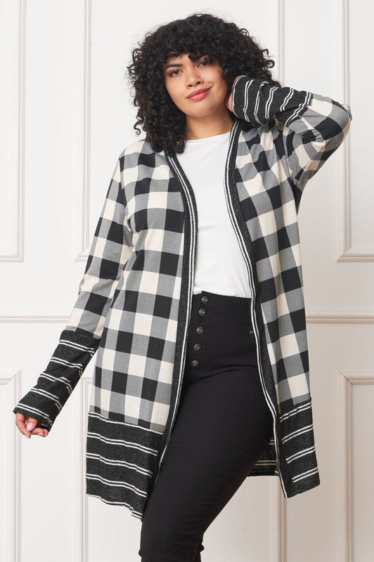 Women Plus Long Buffalo Plaid Stripe Trim Open Cardigan | Zarnesh