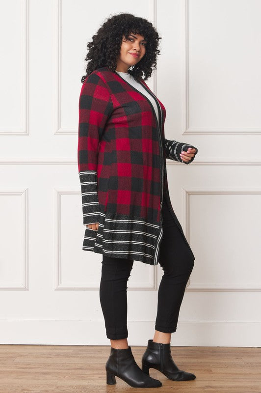 Women Plus Long Buffalo Plaid Stripe Trim Open Cardigan | Zarnesh