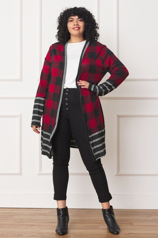 Women Plus Long Buffalo Plaid Stripe Trim Open Cardigan | Zarnesh