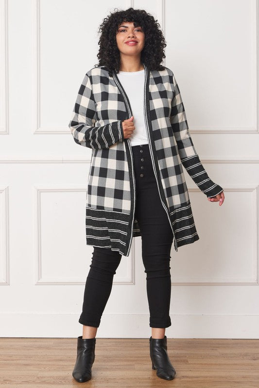 Women Plus Long Buffalo Plaid Stripe Trim Open Cardigan | Zarnesh