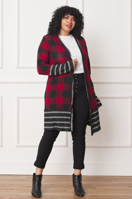 Women Plus Long Buffalo Plaid Stripe Trim Open Cardigan | Zarnesh