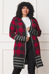 Women Plus Long Buffalo Plaid Stripe Trim Open Cardigan | Zarnesh