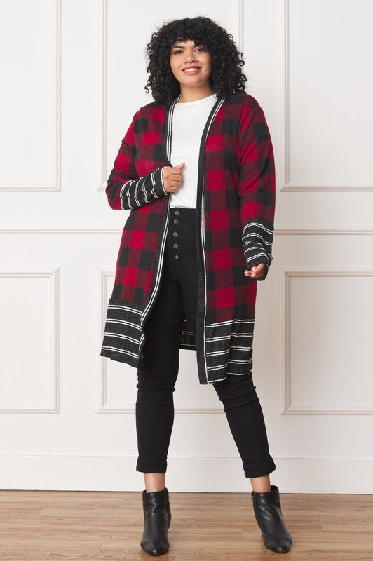 Women Plus Long Buffalo Plaid Stripe Trim Open Cardigan | Zarnesh