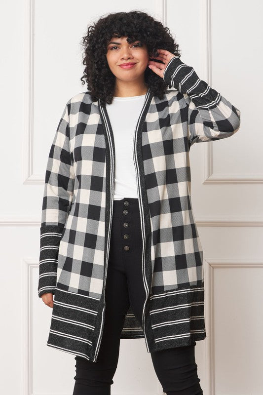 Women Plus Long Buffalo Plaid Stripe Trim Open Cardigan | Zarnesh