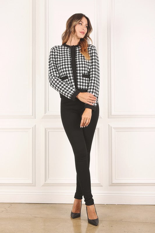 Women Black Check Knitted Jacket | Zarnesh