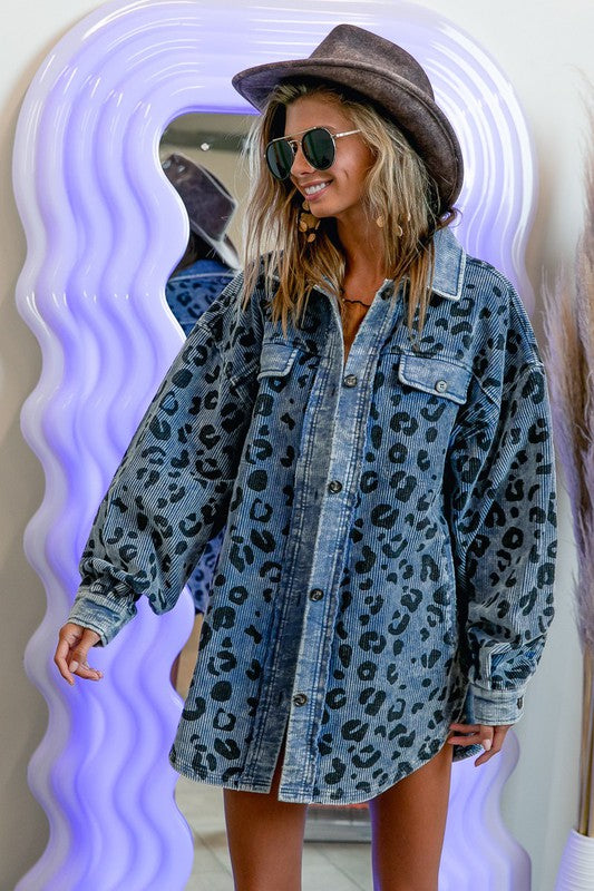 Women Vintage Washed Leopard Corduroy Buttoned Jacket | Zarnesh