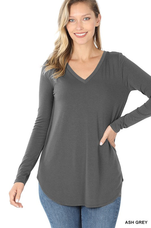 WOMEN'S Long Sleeve V-Neck Round Hem Top | ZARNESH