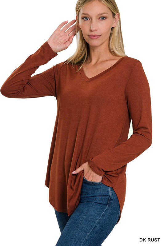 WOMEN'S Long Sleeve V-Neck Round Hem Top | ZARNESH