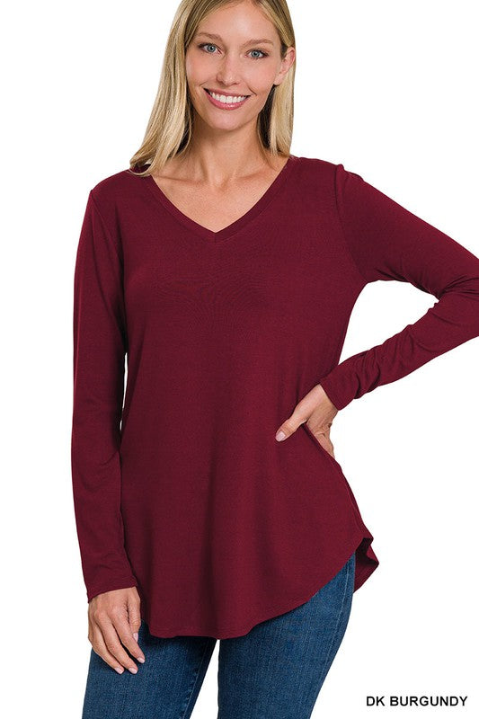 WOMEN'S Long Sleeve V-Neck Round Hem Top | ZARNESH