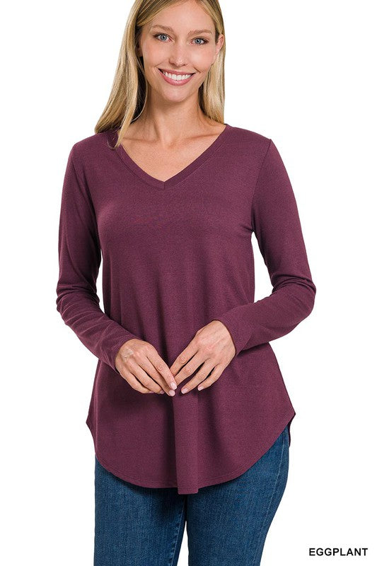 WOMEN'S Long Sleeve V-Neck Round Hem Top | ZARNESH