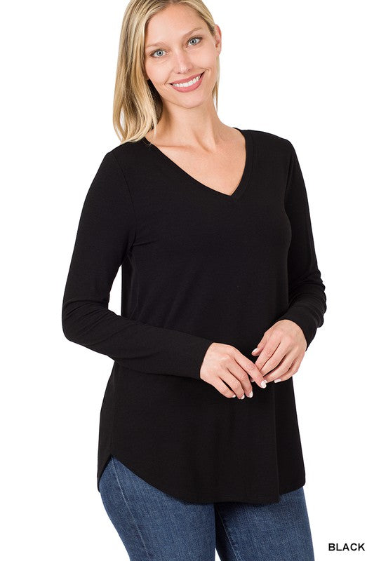 WOMEN'S Long Sleeve V-Neck Round Hem Top | ZARNESH