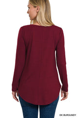 WOMEN'S Long Sleeve V-Neck Round Hem Top | ZARNESH