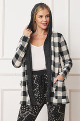 Women Buffalo Plaid Cozy Flattering Drape Hooded Cardigan | Zarnesh