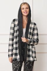 Women Buffalo Plaid Cozy Flattering Drape Hooded Cardigan | Zarnesh