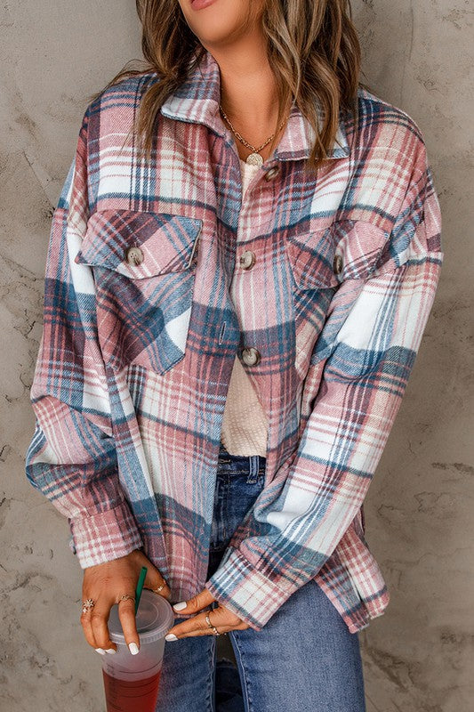 Women Pink Plaid Flap Pockets Shacket | Zarnesh