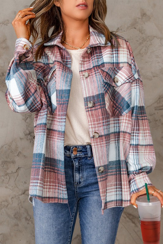 Women Pink Plaid Flap Pockets Shacket | Zarnesh