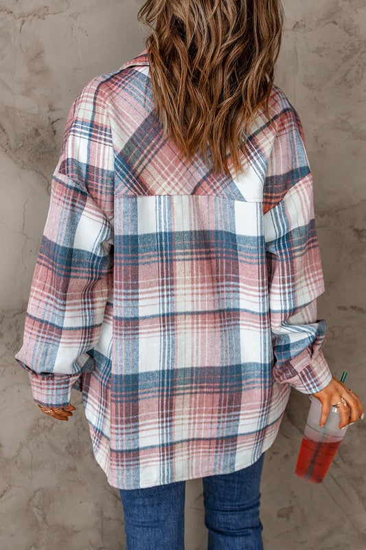 Women Pink Plaid Flap Pockets Shacket | Zarnesh