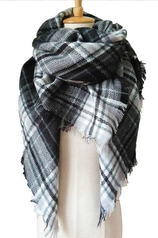 Women Classic Plaid Fringe Square Blanket Scarf | Zarnesh