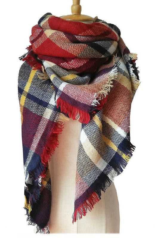 Women Mix Color Plaid Raw Edge Blanket Scarf | Zarnesh