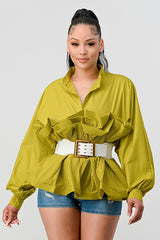 WOMEN'S ATHINA PLEATED RUFFLE WASIT BELT LONG  BLOUSE | ZARNESH