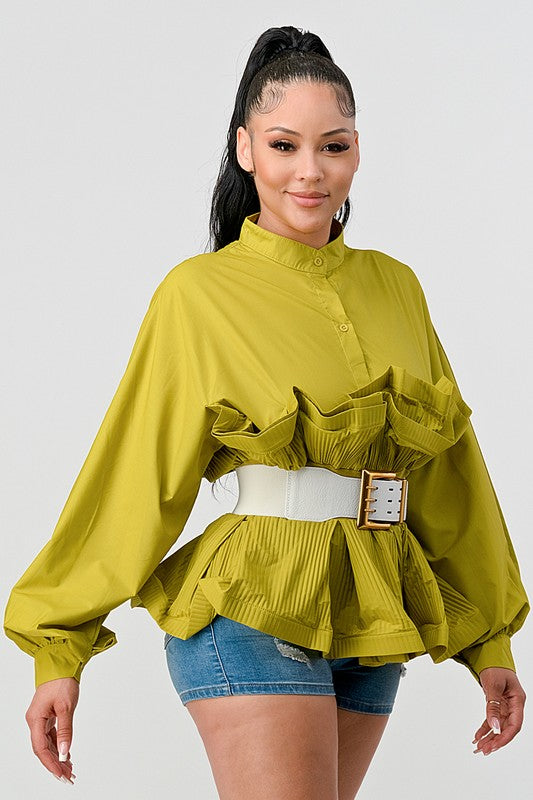 WOMEN'S ATHINA PLEATED RUFFLE WASIT BELT LONG  BLOUSE | ZARNESH