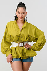 WOMEN'S ATHINA PLEATED RUFFLE WASIT BELT LONG  BLOUSE | ZARNESH