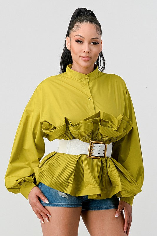 WOMEN'S ATHINA PLEATED RUFFLE WASIT BELT LONG  BLOUSE | ZARNESH