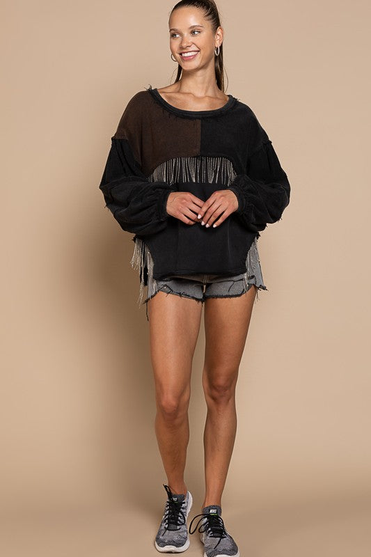 Women's Metal Fringe Detailed French Terry Top | Zarnesh