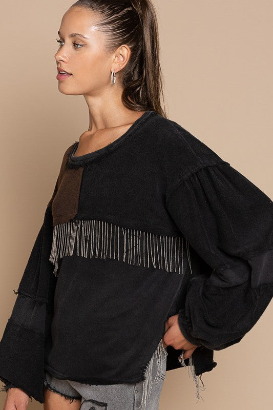 Women's Metal Fringe Detailed French Terry Top | Zarnesh