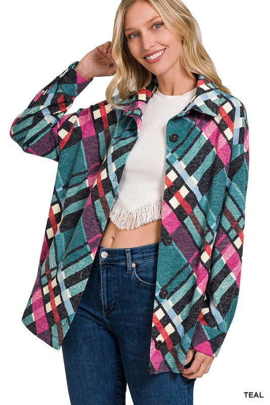 Women Jacquard Plaid Shacket With Pockets | Zarnesh