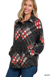 Women Jacquard Plaid Loose Shacket Long Sleeves Front Pockets Zarnesh