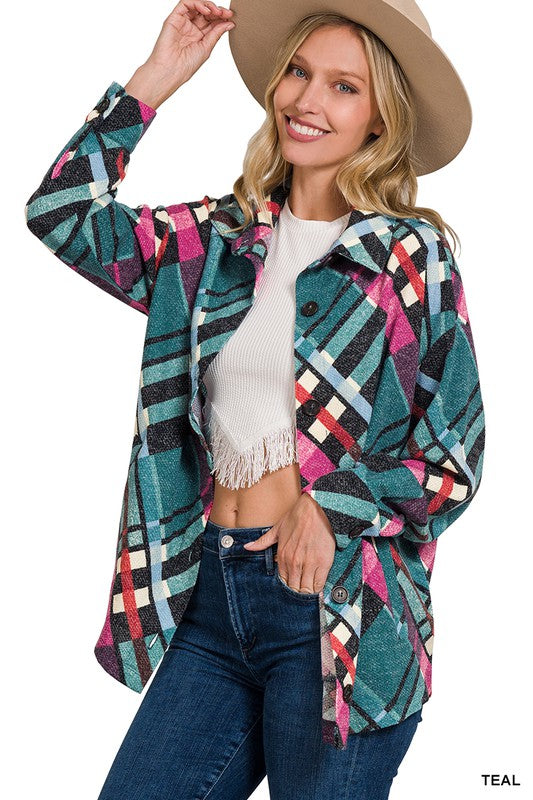 Women Jacquard Plaid Shacket With Pockets | Zarnesh