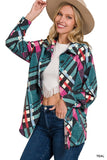 Women Jacquard Plaid Loose Shacket Long Sleeves Front Pockets Zarnesh