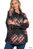 Women Jacquard Plaid Loose Shacket Long Sleeves Front Pockets Zarnesh