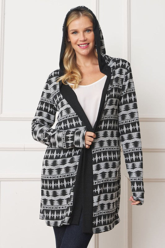 Women Plus Long Tribal Print Hooded Cardigan | Zarnesh