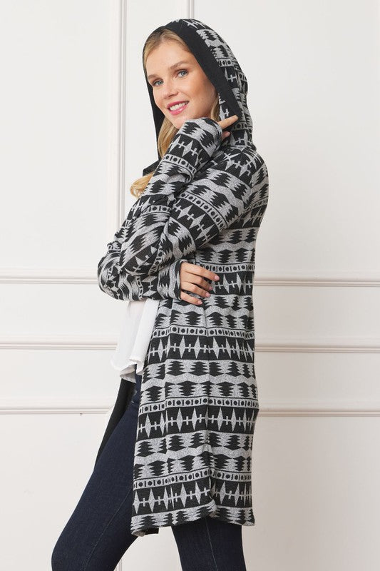 Women Plus Long Tribal Print Hooded Cardigan | Zarnesh