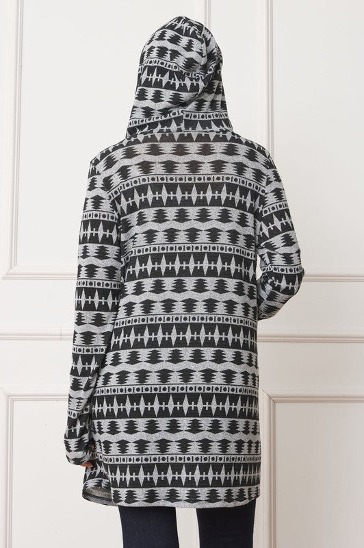 Women Plus Long Tribal Print Hooded Cardigan | Zarnesh