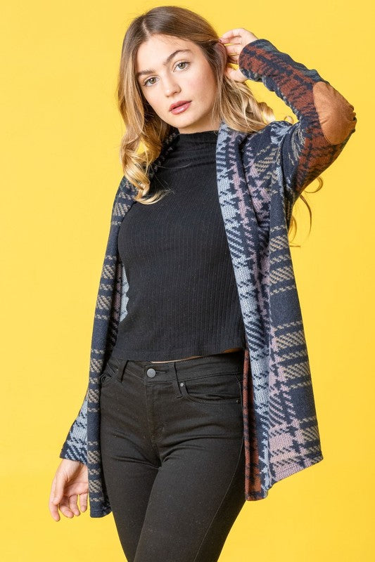 Women Multi Color Plaid Elbow Patch Cardigan | Zarnesh