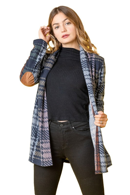 Women Multi Color Plaid Elbow Patch Cardigan | Zarnesh