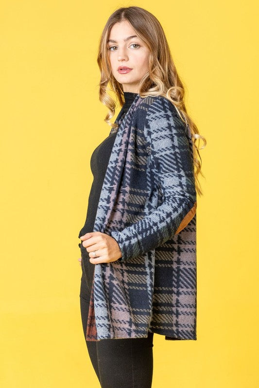 Women Multi Color Plaid Elbow Patch Cardigan | Zarnesh