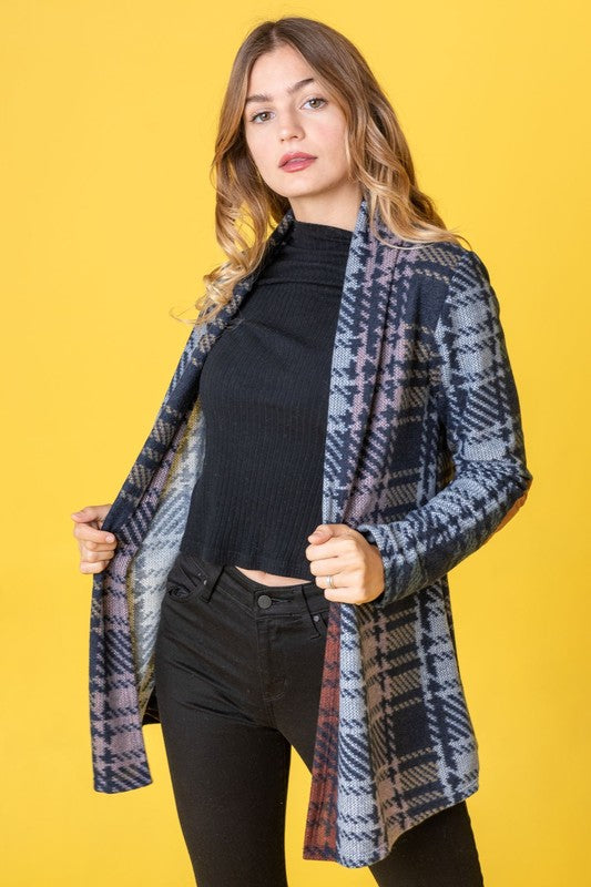 Women Multi Color Plaid Elbow Patch Cardigan | Zarnesh