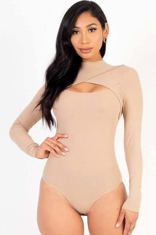 Women Buttery Soft Rib Knit Front Cutout Long Sleeve Bodysuit Zarnesh 